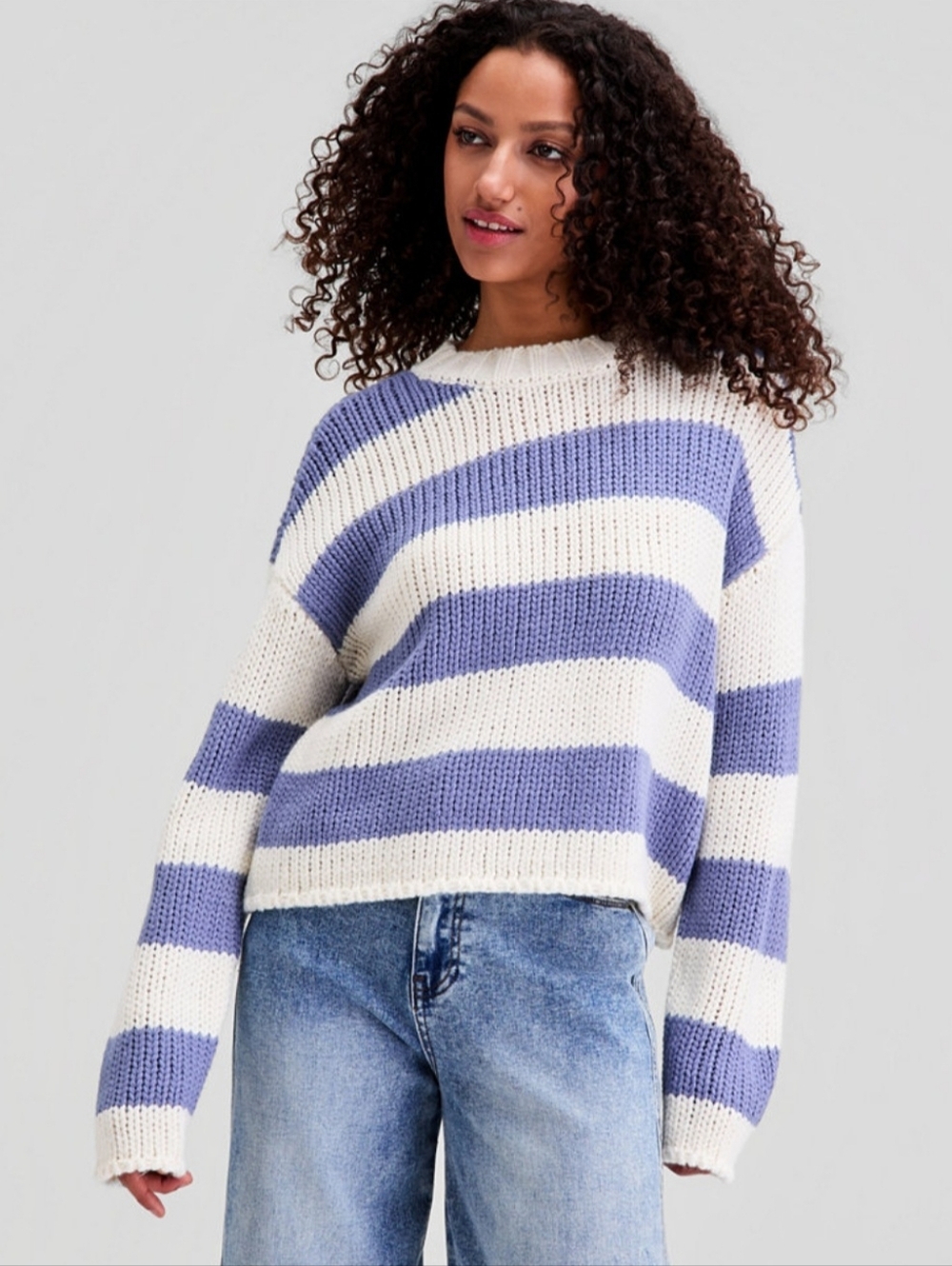 AND NOW THIS Women's Striped Crewneck Sweater in Lavender and Cream  NWT